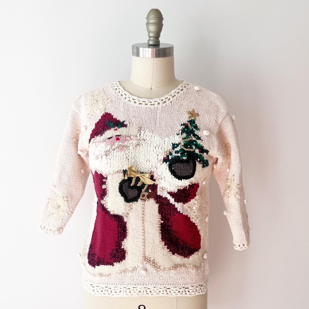 1980s Christmas‎ Santa Holiday Sweater Bow & Santa Crochet Trim Casual Corner